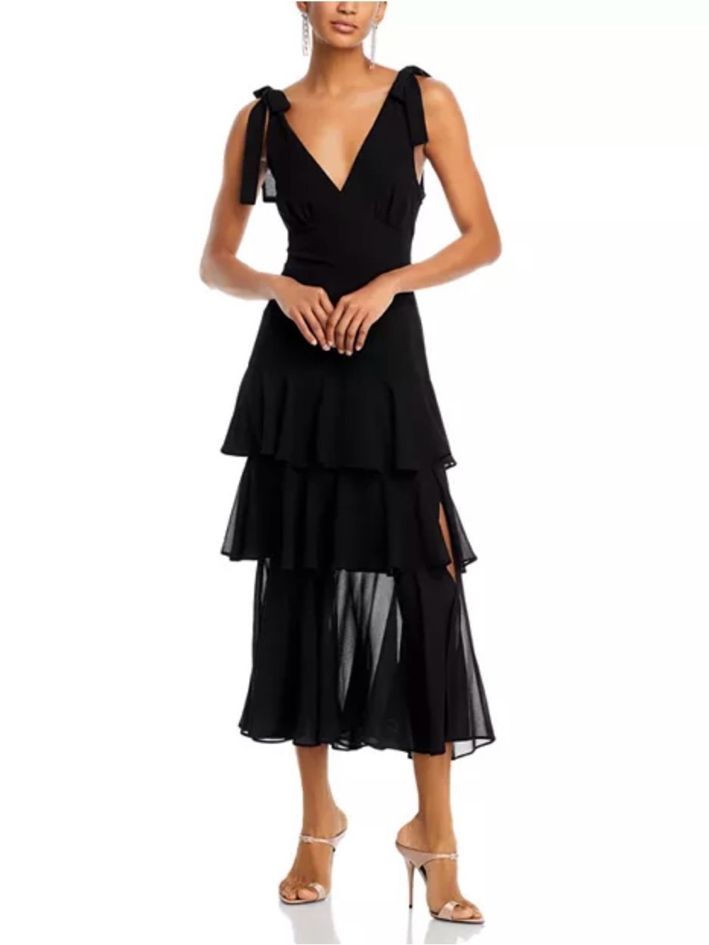 Wayf Black Tiered V-Neck Midi Dress Size Small